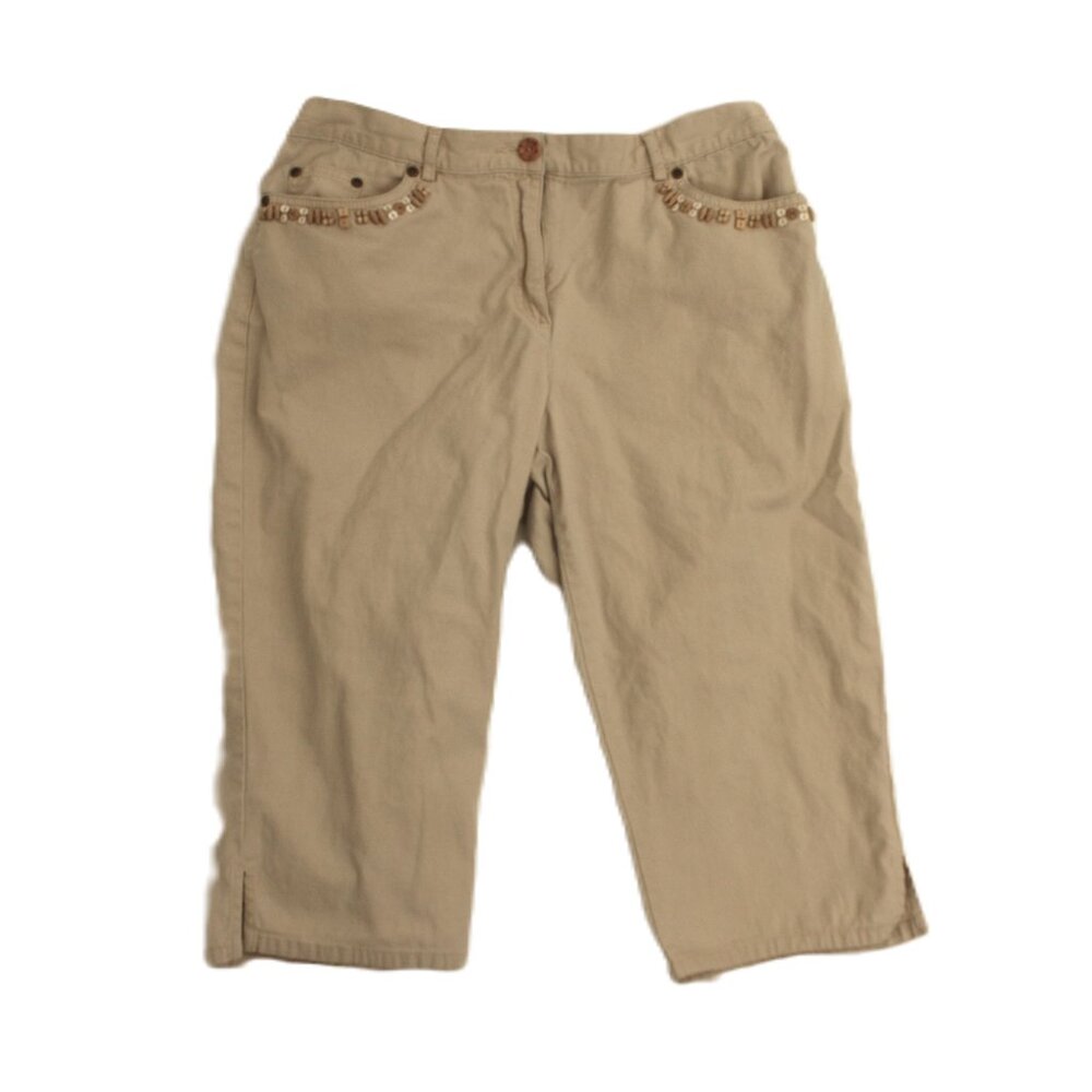 Ruby Rd. Women's Capri Pants Tan Size 10 Wooden Button Beads on Front Pockets